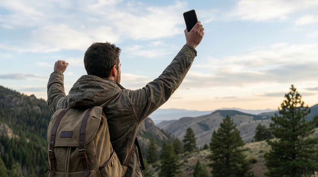 Young hiker celebrating success while holding a smartphone on a mountain summit with a scenic view