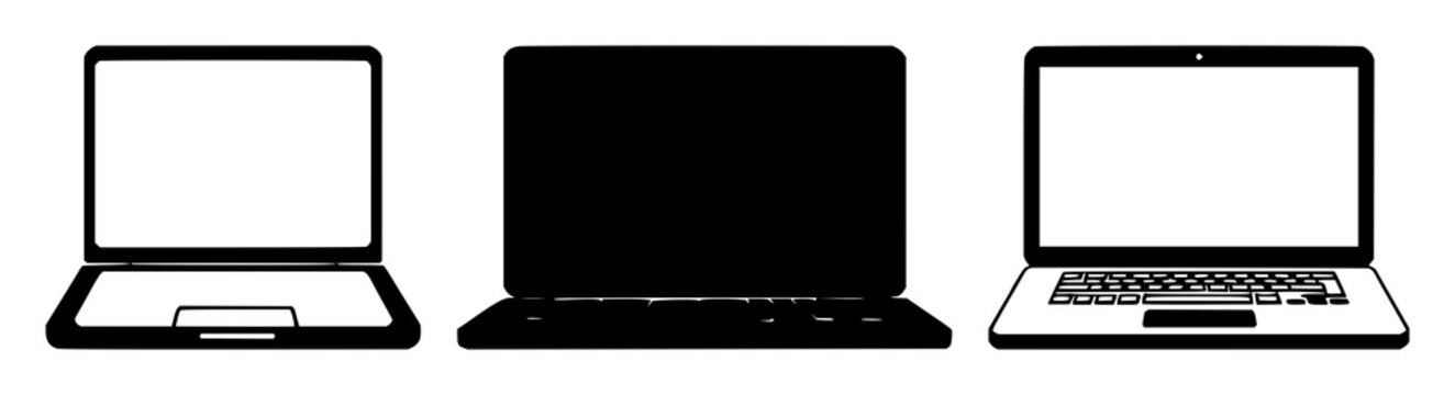 Solid black icon, white background: e-learning laptop icon set with simple line art design featuring sketches, drawings, vector graphics with minimalist and simple illustrations