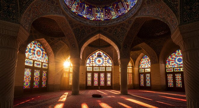 Interior of a mosque with stained glass windows and sunlight streaming in.