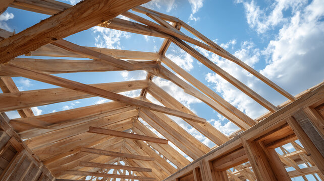 The roof frame structure of the house is being built using wooden frames and beams that form a triangular roof pattern.