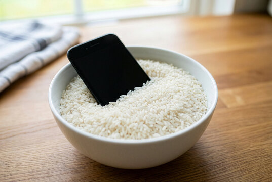 Smartphone drying in a bowl of dry white rice after being exposed to water
