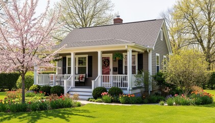 Fototapeta premium Cozy Cottage with Garden: A charming cottage with a welcoming porch and vibrant garden, nestled beneath a blooming tree, embodies the essence of home and tranquility.