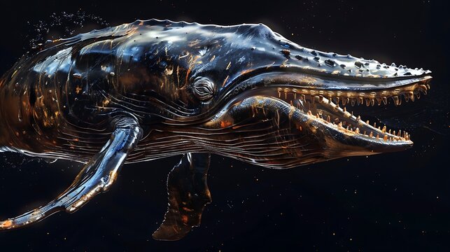 A powerful humpback whale surfaces from the deep, its massive jaw agape and teeth visible.