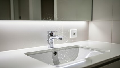 Fototapeta premium Modern Bathroom Elegance: A minimalist bathroom scene with a sleek sink, chrome faucet, and subtle lighting creating an atmosphere of modern comfort and style.