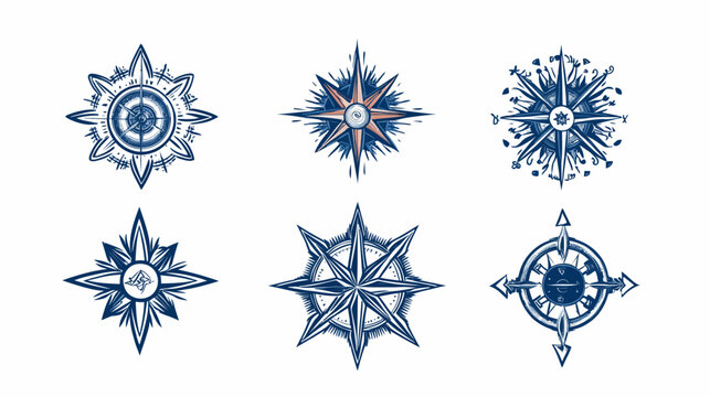Six unique, artistic compass rose designs in a blue and orange color scheme on a white backdrop