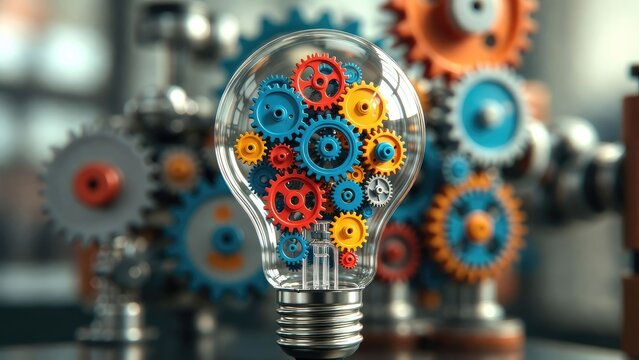 Innovative light bulb design showcasing colorful gears workshop environment abstract concept