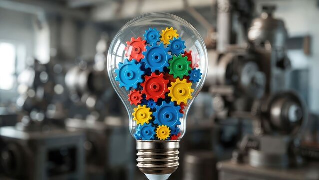 Industrial workshop creativity close-up of innovative lightbulb design with colorful gears