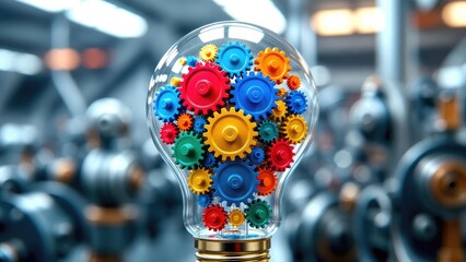 Obraz premium Innovative business concepts gear-powered light bulb design in industrial environment