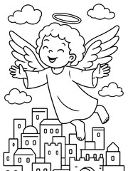 Fototapeta premium Heavenly Messenger: A cheerful angel soars above a serene city, its wings spread wide and a gentle halo crowning its head. This illustration evokes a sense of peace, joy, and heavenly presence.