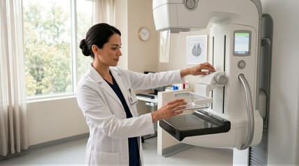 Naklejka premium Female doctor operating mammography machine for breast cancer screening