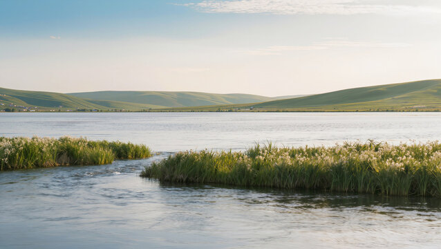 lake and mountains,
A wide river flows through hills.
Green rolling hills line the horizon.
White wildflowers grow along the bank.
The blue sky is very clear.
Soft sunlight illuminates the peaceful 