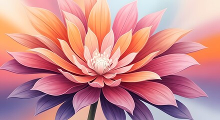 Fototapeta premium Symmetric vibrant dahlia flower in rainbow colors. Abstract floral geometry and bright botanical pattern. Large colorful petals radiating from a central bloom against soft light