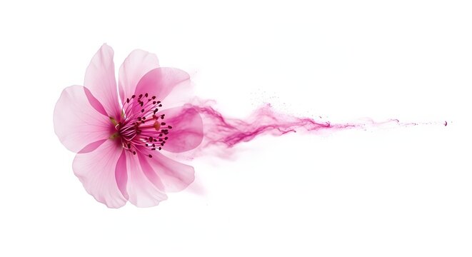 Pink cherry blossom with dispersing smoke trail. Ephemeral beauty and motion blur concept. Flower petal dissolving into soft vapor clouds on white background