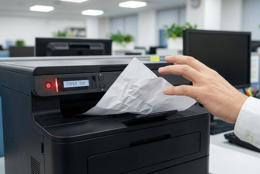 An office worker pulling crumpled paper from a malfunctioning printer showing a paper jam error in a modern workplace