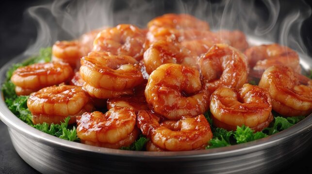 Savory Shrimp Dish Steaming on a Platter Surrounded by Fresh Green Garnish for Culinary Delights and Food Photography