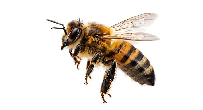 A close-up photo of a flying honey bee