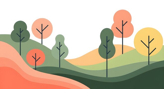 Flat design forest landscape with stylized colorful trees. Autumn nature concept and eco environment. Minimalist woodland scene with orange and yellow trees on rolling green hills