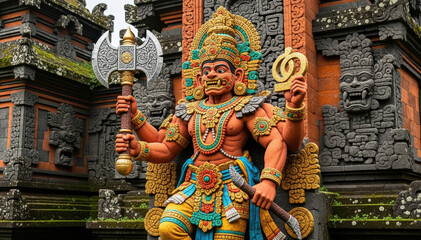 Obraz premium Majestic Sculpture: A captivating sculpture of a deity, adorned with vibrant colors and intricate details, stands proudly, embodying the rich cultural heritage and spiritual devotion.