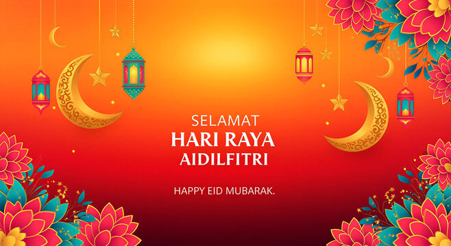 Beautiful vibrant eid mubarak greeting card with lanterns moons and flowers celebration design