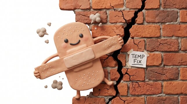 Cartoon medical bandage character trying to fix cracked brick wall