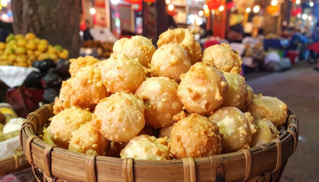 Crispy Fried Taro Puffs Woo Kok, Featuring a Distinctive Craggy Texture, Piled High in a Woven Basket at an Asian Street Market.