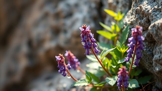hyssop. Purple hyssop flowers growing from limestone cracks with morning dew. gardening catalogs, home-decor guides, designed for gardening and botanical catalogs.
