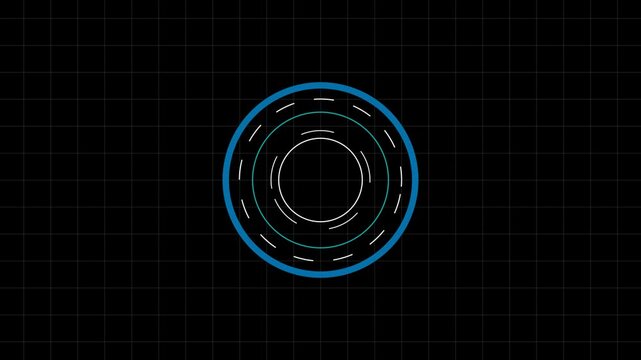 Circle head up display interface element for futuristic cyber technology concept with dark grid background and grain processed
