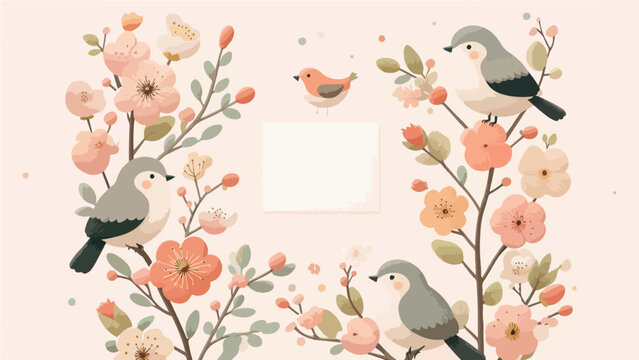 Cute Pastel Spring Greeting Card Frame with Birds Perching on Blooming Cherry Blossom Branches and Empty Text Space, Flat Vector Illustration