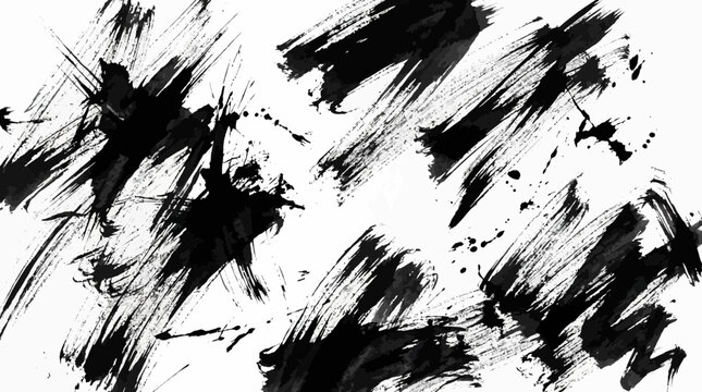 Abstract Black Ink Splatter and Brush Strokes on White Background