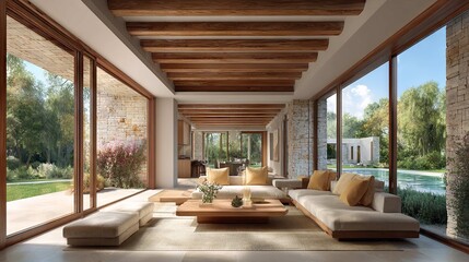 Fototapeta premium Modern living room in a spacious house with large windows, wooden beams, and elegant minimalist furniture for relaxation