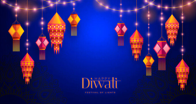Colorful diwali festival of lights celebration with hanging lanterns and decorative lights display background