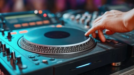 Obraz premium DJ Setup with Turntable and Mixer, Music Playing in a Vibrant Atmosphere, Close-Up on Hand Adjusting Vinyl Record and Equipment Features