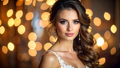 Fototapeta premium A glamorous portrait of a woman with flowing, brown hair, delicate earrings and a soft, inviting gaze. Blurry lights in the background