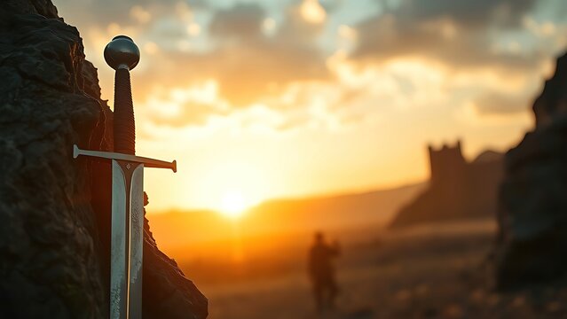 longsword. Medieval longsword in rocky crevice at sunset, blade reflecting warm light. inspiring travel planning, lifestyle magazines, designed for influencer and brand collaborations.