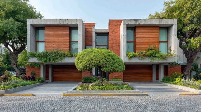 Modern Architectural Design of Twin Houses with Stylish Front Yard and Greenery in Urban Setting
