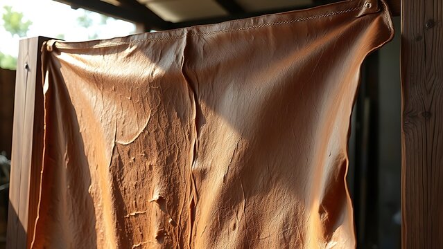 taut. Animal hide stretched on wooden frame, textured surface in sunlight. wildlife magazines, conservation campaigns, designed for eco-tourism storytelling and nature documentaries and education.