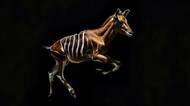 Young bongo antelope with distinctive white stripes leaps dynamically in studio lighting on a pure black.