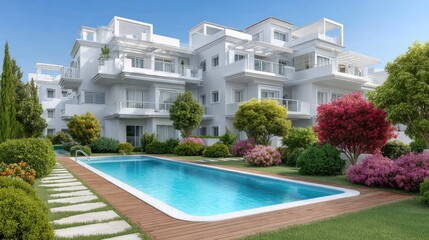 Fototapeta premium Modern residential complex with lush gardens and serene swimming pool under bright sunny sky