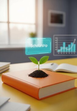Concept of educational growth with a green sprout growing from a book and a digital scholarship hologram.