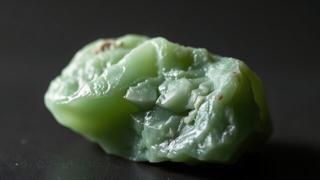 jadeite. Uncut jadeite rough stone glowing warm green under spotlight on dark surface. STEM education sheets, lab safety posters, designed for biotech research communications.