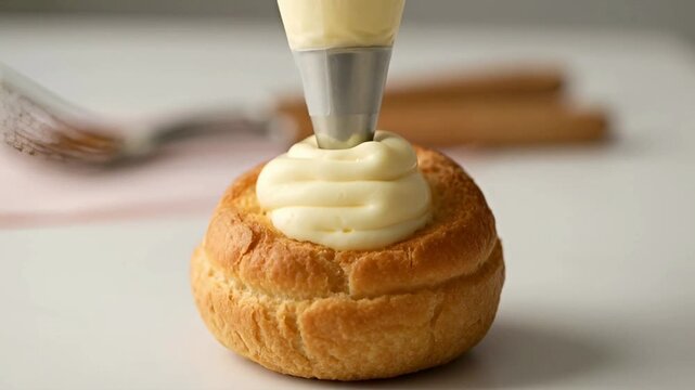 Filling profiterole with cream pastry.