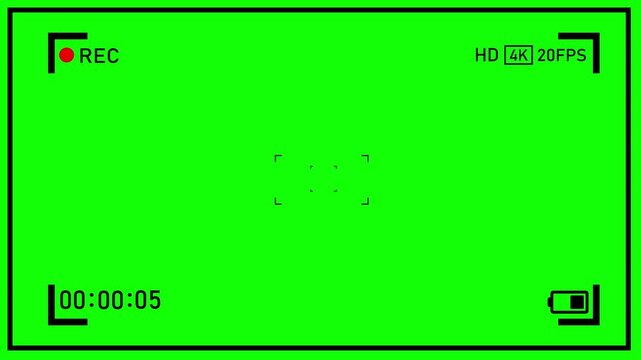 smartphone camera recording interface with viewfinder overlay and green screen background. 4k camcorder recording screen animation with live focus frame and digital ui elements.