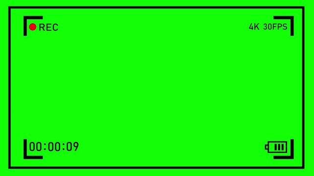 digital camera recording interface overlay on green screen for chroma key compositing in 4k. camcorder viewfinder screen recording ui overlay with green screen background for video editing.