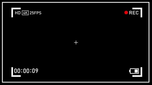 video recording frame with timer animation and camera viewfinder interface on black background. camera recording ui overlay with timer and viewfinder frame on dark screen 4k animation.