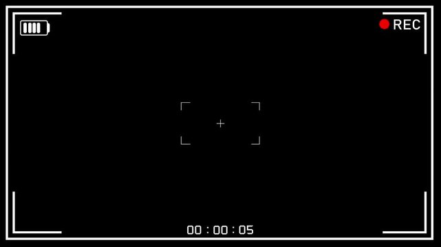 Professional Video Camera Viewfinder Recording Screen Interface Overlay with Timecode and Battery Indicator on Black Background