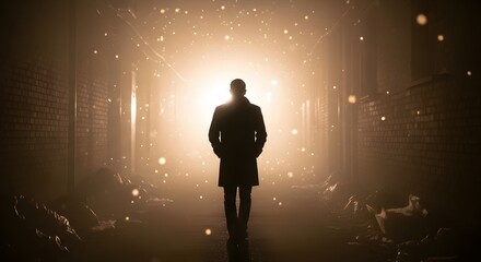 Fototapeta premium Silhouette of a man walking toward a bright glowing light in a dark urban alley at night