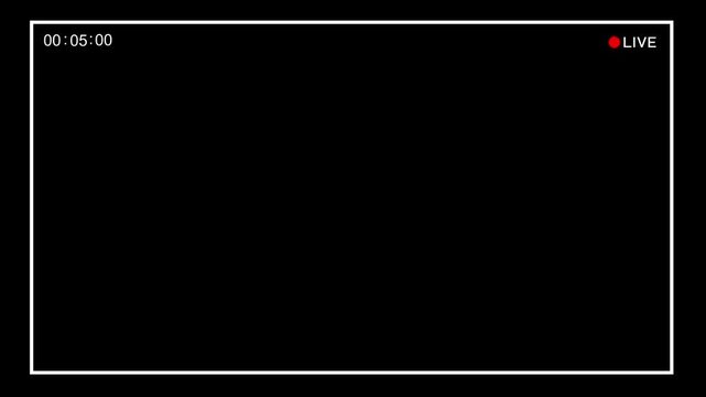 Live streaming interface screen overlay with recording timer and live status indicator on black background. Professional video player UI design template for broadcasting.