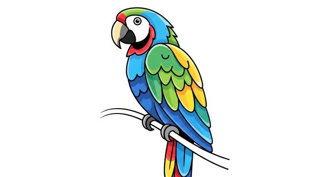 Colorful Parrot Perched on a Branch Against White Background.