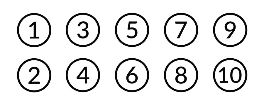 Bullet Points icon set in line style, Simple round numbers in flat style, Set of 1-10 numbers simple black symbol sign for apps, UI, and website, vector eps file.