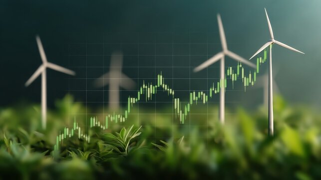 Dynamic Stock Market Chart Illustrating Growth Trends with Eco-Friendly Wind Turbines and Lush Greenery in the Background